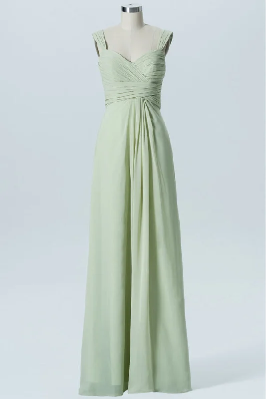 Closeout Wide Strap Sage Green Ruched Long Bridesmaid Dress