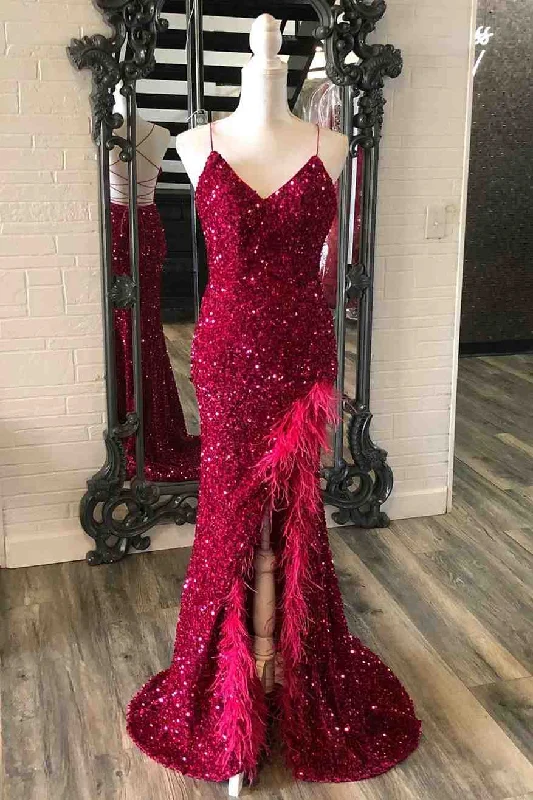 Year-End Sale Mermaid Sequins Lace-Up Back Slit Long Prom Dress with Feathers