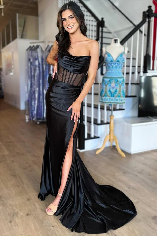 Clearance Event Strapless Pleated Boning Sheer Long Prom Dress with Slit
