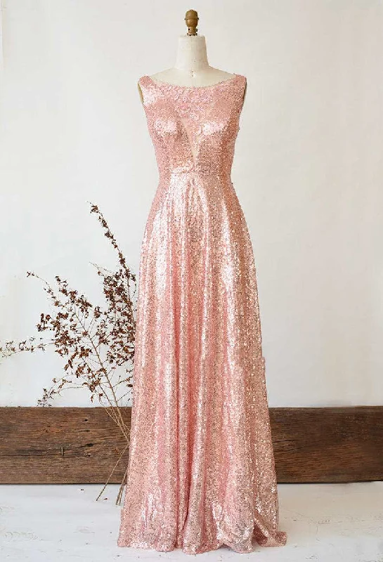 Exclusive Offers Illusion Lace V-Neck Gose Gold Sequined Bridesmaid Dress