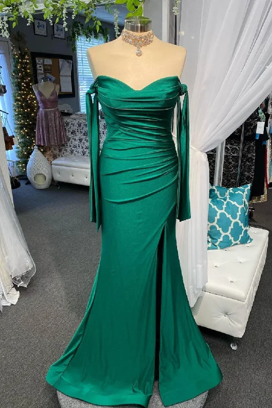 Flash Deals Off the shoulder Long Satin Emerald Green Prom Dress
