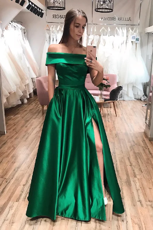 YEAR-End Sale Off Shoulder Emerald Green Long Prom Dress with Side Slit