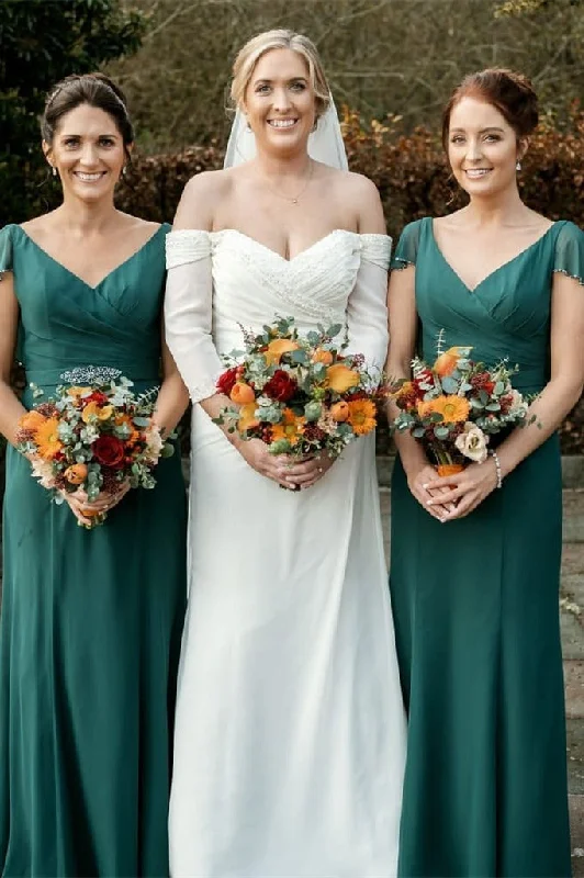 Huge Discounts Teal V-Neck Pleated Chiffon Bridesmaid Dress