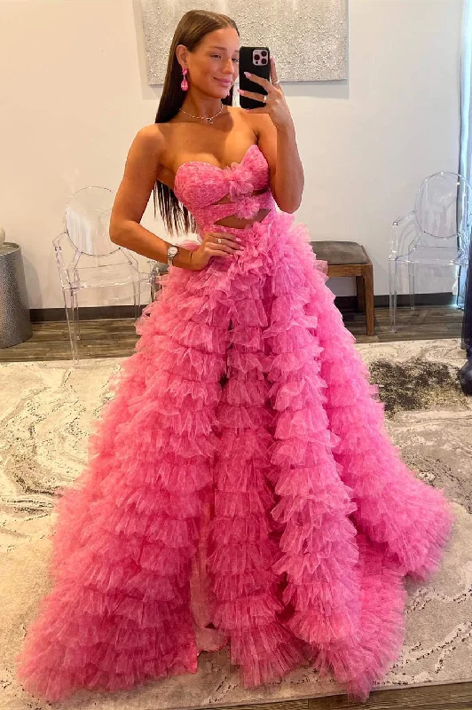 Extra Savings Strapless Hot Pink Keyhole Print Ruffle Tiered Prom Dress