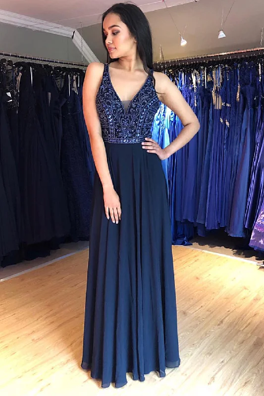 Lowest Price V-Neck Lace-Up Long Navy Blue Prom Dress with Beading Top