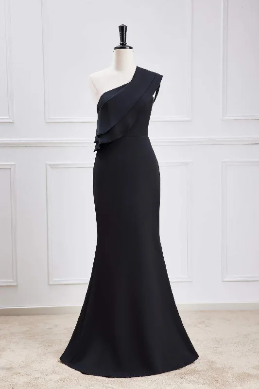 Epic Deals Ruffled One Shoulder Black Chiffon Maxi Dress