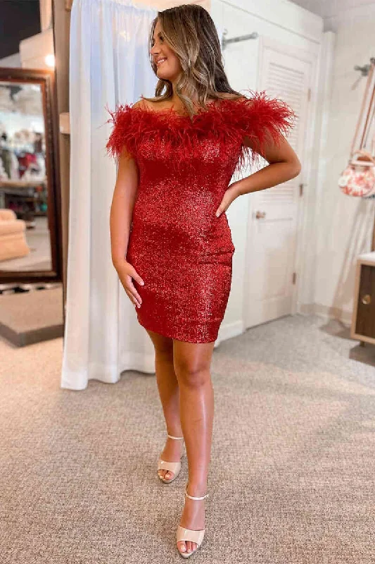 Inventory Reduction Tight Off the Shoulder Red Feather Bodycon Homecoming Dress