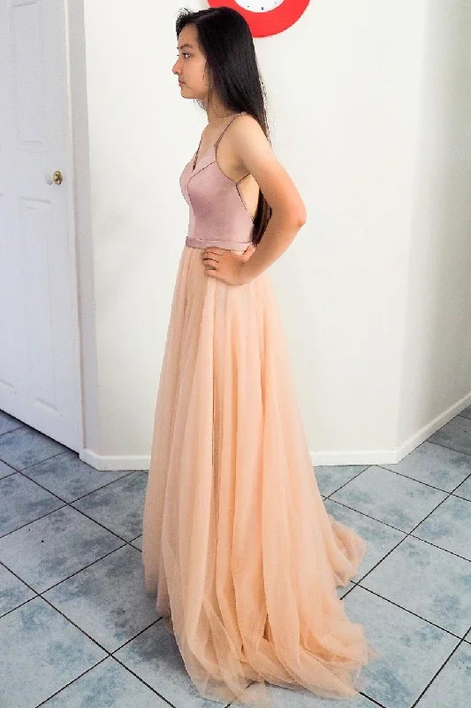 Limited Time Discount Elegant A-line Straps Criss Cross Back Peach and Pink Long Prom Dress