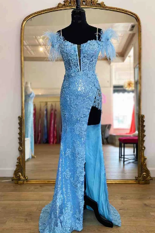 Exclusive Savings Light Blue Appliques Long Prom Dress with Detachable Feathered Shoulder