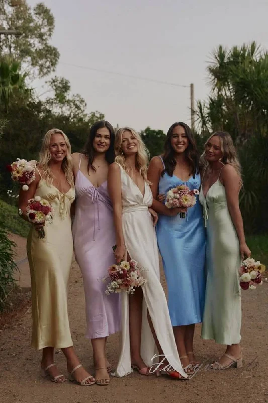 Flash Deals Spaghetti Straps Blue Satin Bridesmaid Dress with Plunging Neck