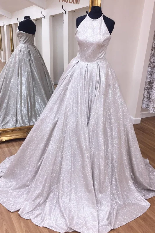 Limited Availability Elegant Halter Sequin Silver Long Prom Dress