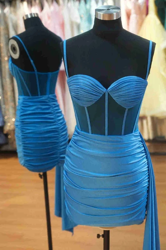 Limited Stock Blue Straps Pleated Sheath Mini Dress with Ruffles