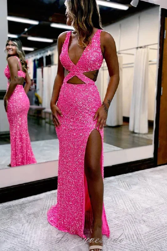 Clearance Sale V-Neck Hot Pink Sequined Prom Dress with Slit