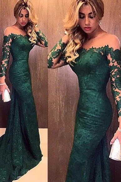 Unmissable Offer Illusion Sleeves Off the Shoulder Mermaid Lace Hunter Prom Dress