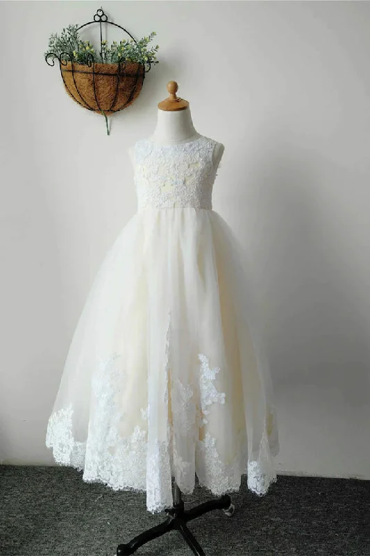 Quick Sale Ivory Lace Yellow Linning Long Flower Girl Dress