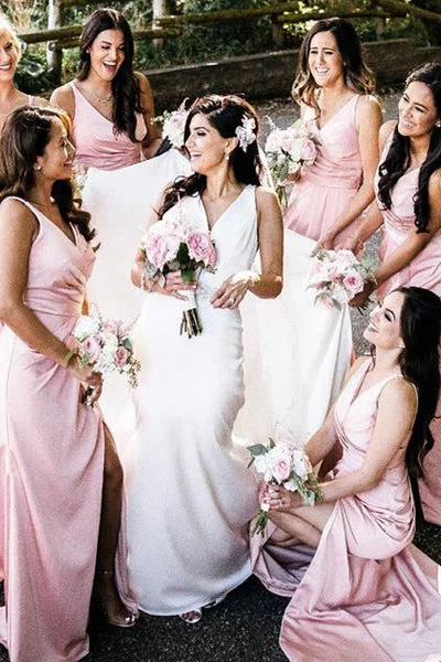 Super Bargain V-Neck Floor-Length Pink Bridesmaid Dress with Slit