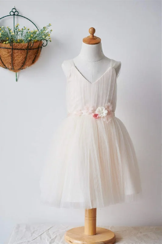 Online Only Cute Light Champagne Girl Party Dress with Flower Belt
