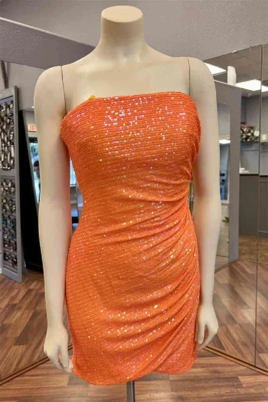 Limited Time Glitter Orange Strapless Sequined Mini Homecoming Dress