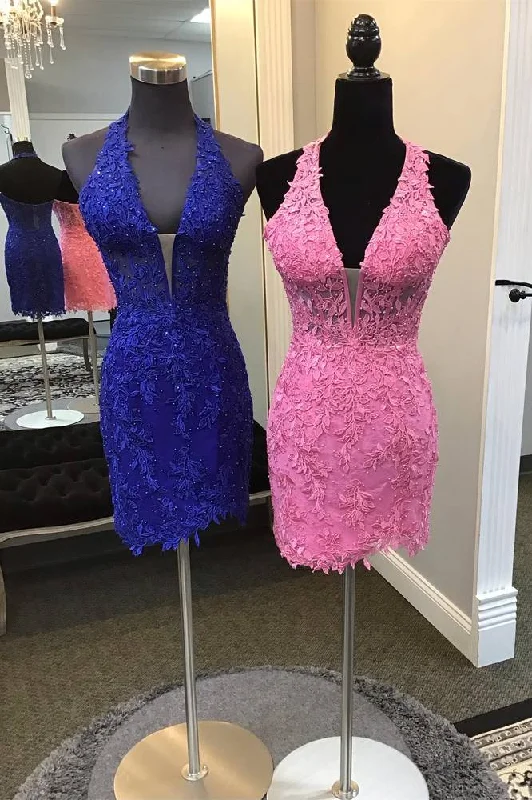 Limited Quantity Fitted Halter Appliques Short Homecoming Dress