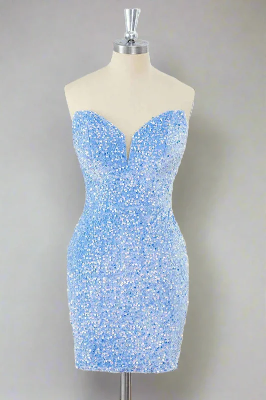 Can't Be Beat Light Blue Strapless Sequin Mini Dress