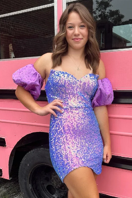 Super Deal Strapless Lilac Sequin Tight Homecoming Dress with Balloon Sleeves