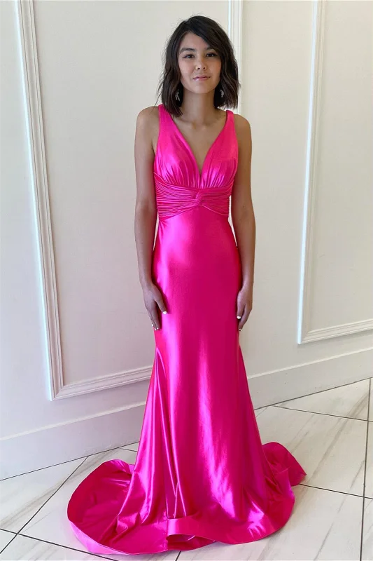 Weekend Deal Fuchsia Mermaid Plunging V Neck Satin Mermaid Long Prom Dress