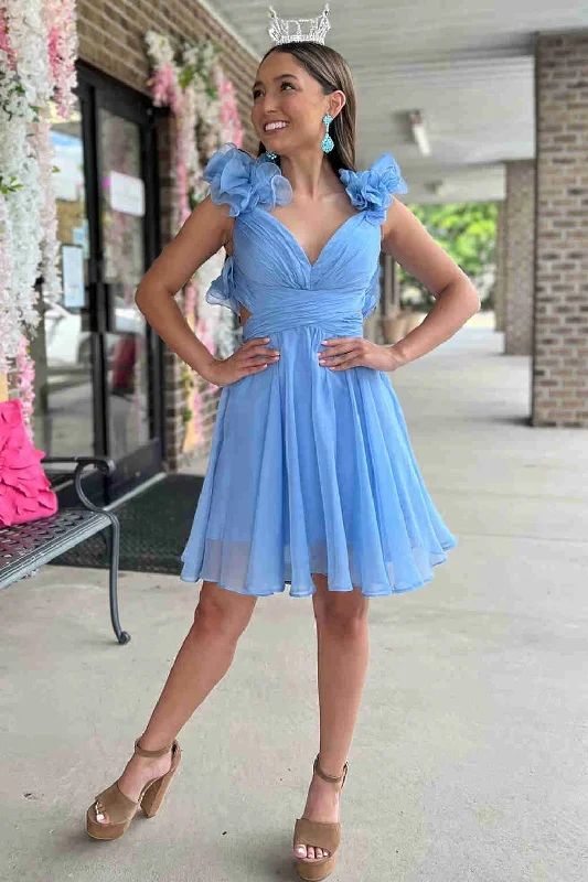 Mega Sale V-Neck Sky Blue Pleated A-Line Party Dress