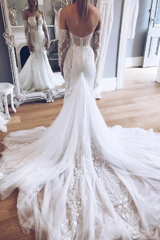 Don't Wait Long Strapless Chapel Train Mermaid White Wedding Dress