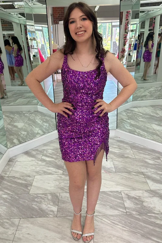 Instant Savings Square Neck Grape Sequin Fringe Short Homecoming Dress