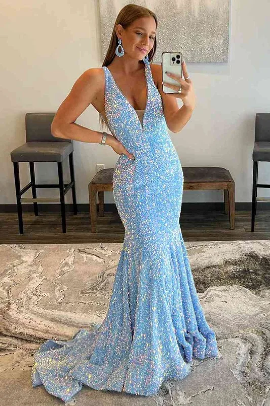 Huge Savings Backless Mermaid Light Blue Plunging Neck Long Prom Dress
