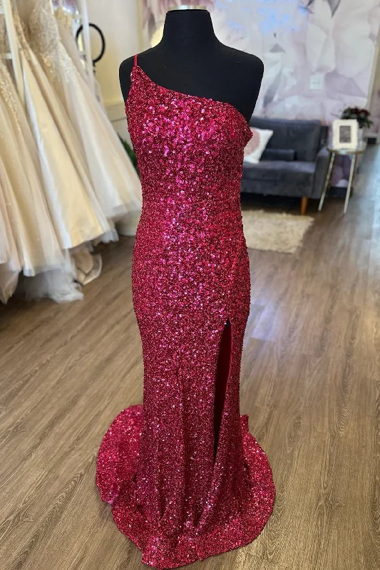 Markdowns Fuchsia One Shoulder Sequins Cut-Out Long Prom Dress with Slit