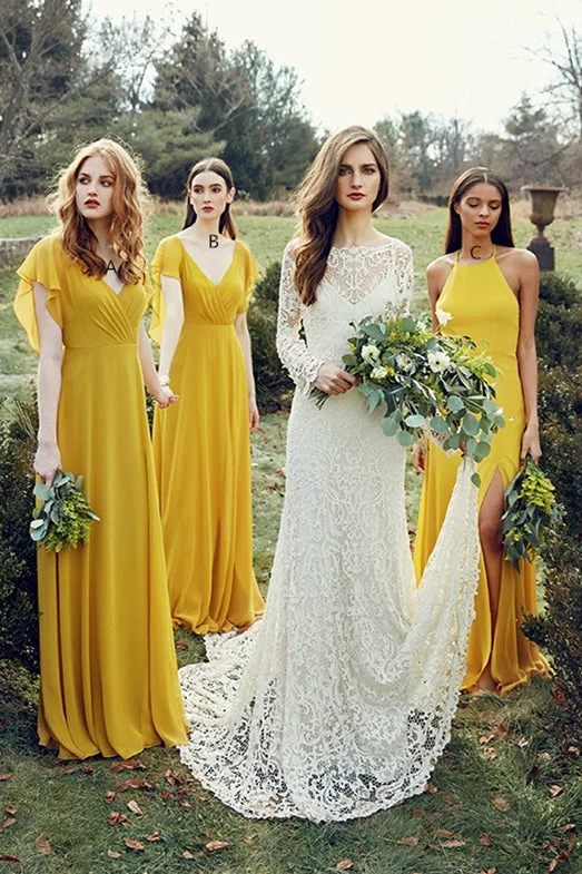 Sale Event A-line Chiffon Floor-Length Mustard Yellow Bridesmaid Dresses