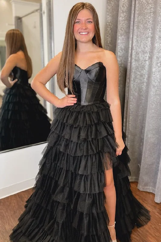 Can't Miss Strapless Black Corset A-Line Layered Prom Dress with Slit