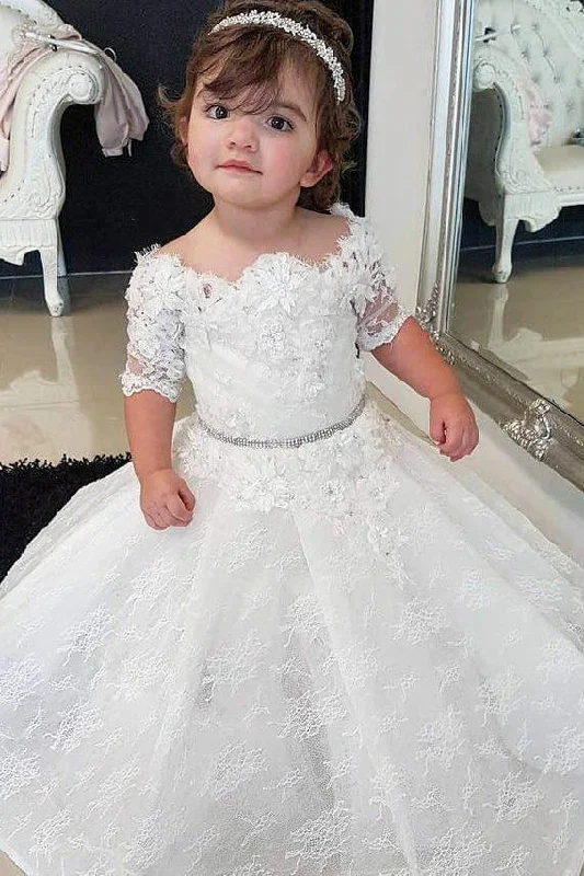 One-DAY Sale Half Sleeves Scalloped-Edge Flower Girl Dress with Lace