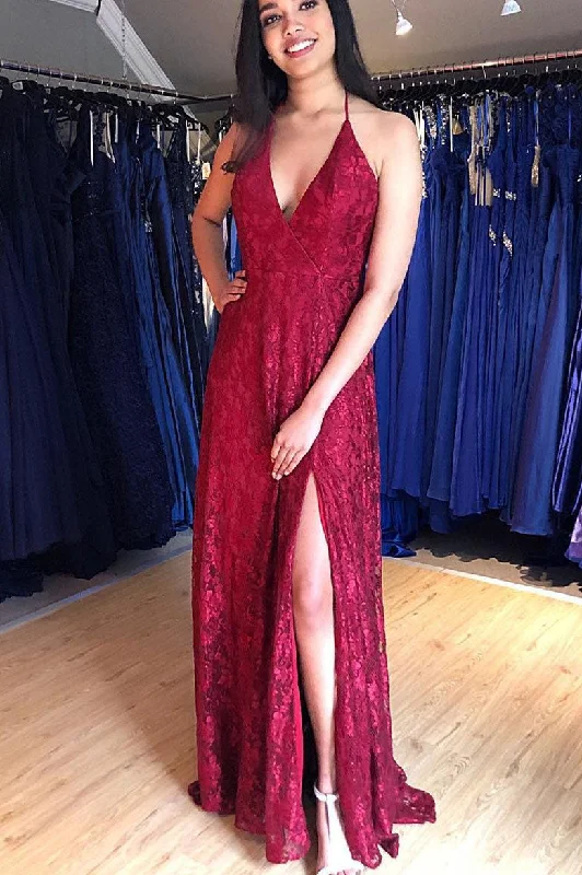 Savings Bonanza Gorgeous Halter Burgundy Lace Formal Dress