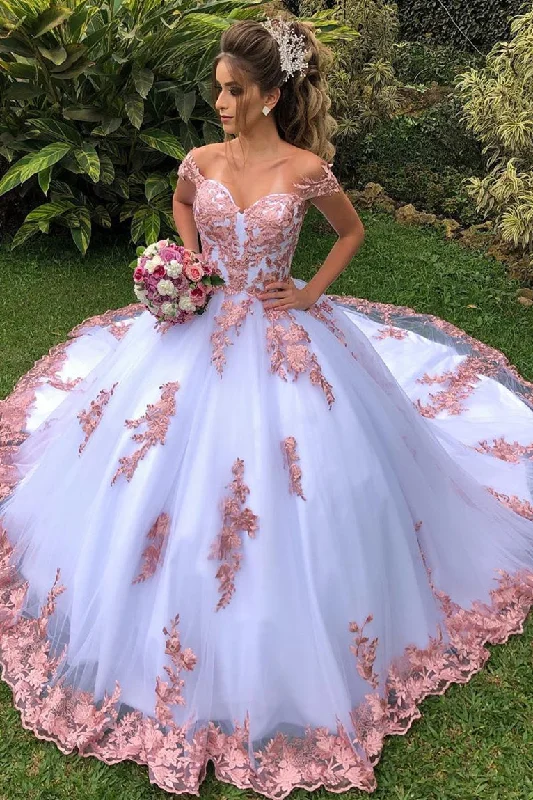 Super Deal Princess Off Shoulder A-line White Wedding Gown with Blush Lace