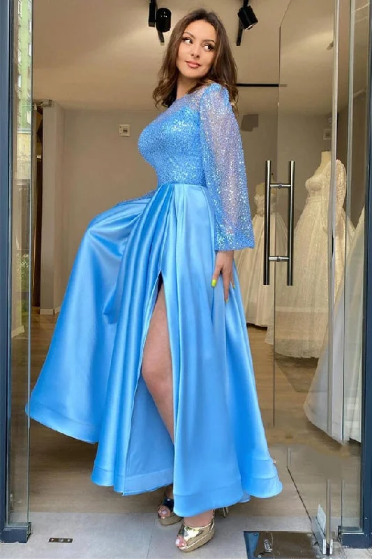 Early Bird Discount Glitter Sky Blue Sequined Long Formal Dress