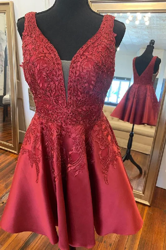 Midnight Sale Lace Over Satin V-Back Little Red Homecoming Dress