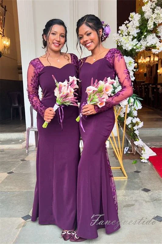 Time-Limited Offer Grape Applique Long Sleeves Mermaid Bridesmaid Dress