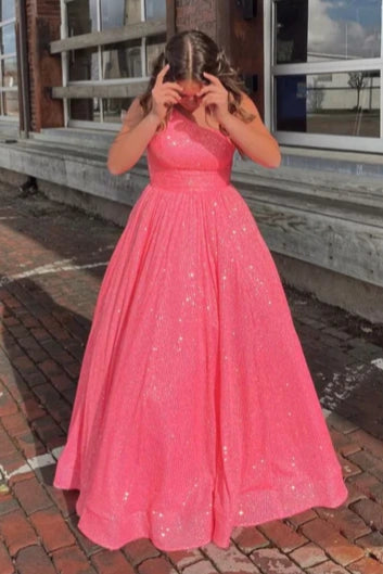 Discount Deals A-Line Glitter Hot Pink One Shoulder Formal Dress