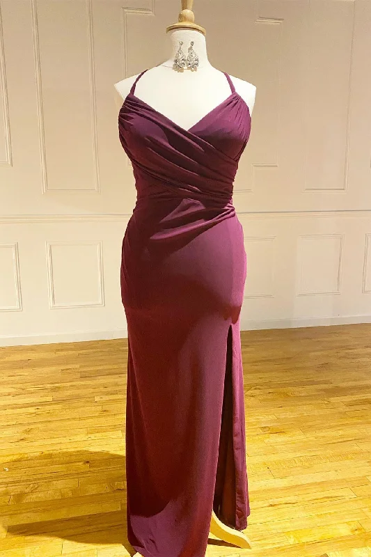 Exclusive Online Offer Lace-Up Burgundy Pleated Chiffon Bridesmaid Dress