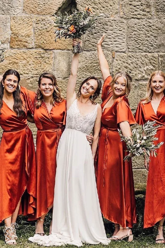 Act Now V-Neck Rust Long Bridesmaid Dress with Short Sleeves