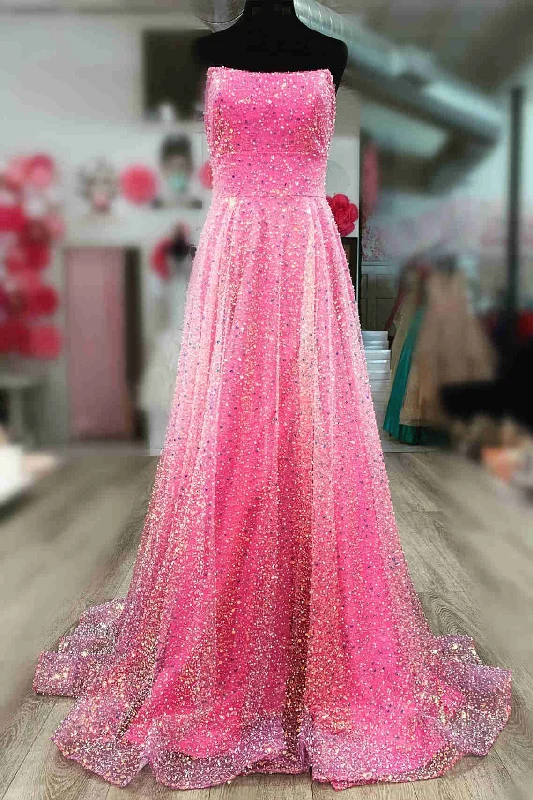Exclusive Deal A-Line Strapless Hot Pink Sequins Long Prom Dress