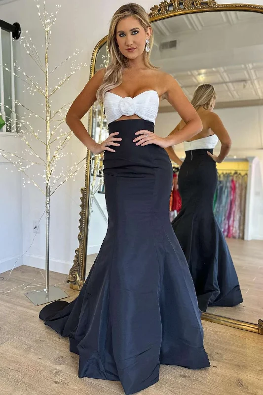Bonus Savings Strapless White and Black Ruched Mermaid Prom Dress