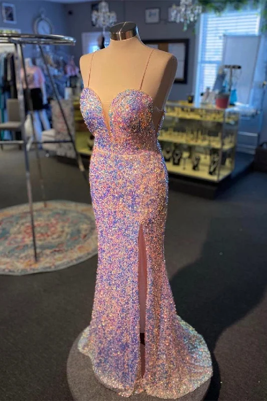 Sale Event Side Slit Straps Pink Sequins Long Prom Dress