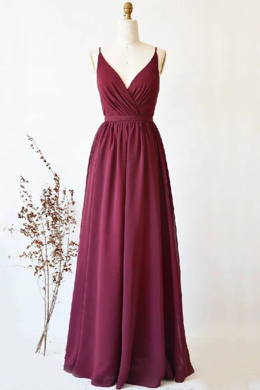 Weekend Deal Burgudy V-Neck Pleated Lace Bridesmaid Dress