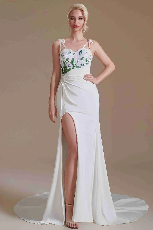 Hurry In Mermaid Tie Shoulder Embroidery Wedding Dress with Slit
