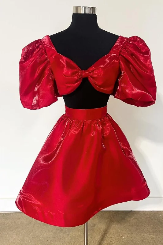 Clearance Sale Two Piece Red A-Line Homecoming Dress with Balloon Sleeves