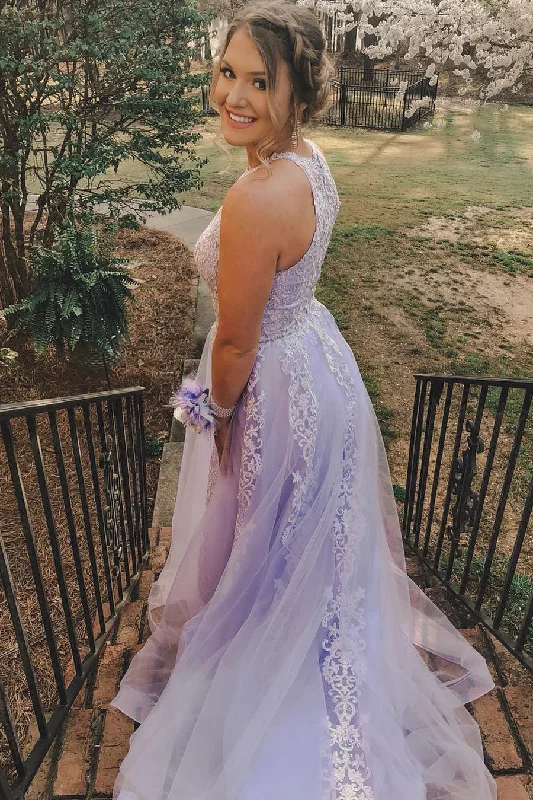 Deal Alert Jewel Neck Appliques Lavender Prom Dress with Train