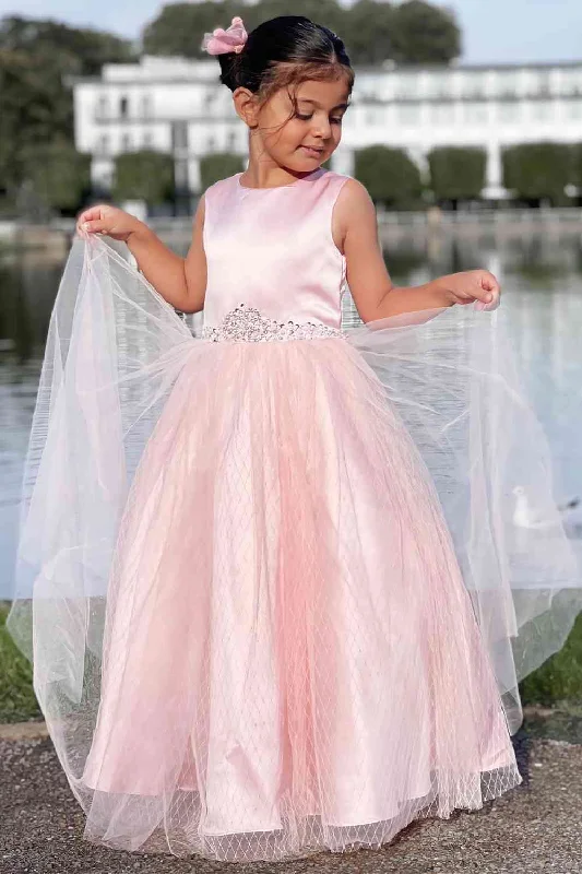 Early Access Princess Pink Crew Neck Long Flower Girl Dress with Beaded Belt